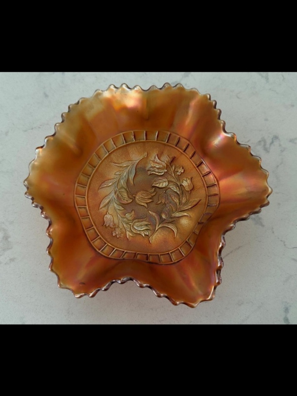 Antique Dugan "Windflower" Marigold Carnival Glass Ruffled Bowl | Sawtooth Rim